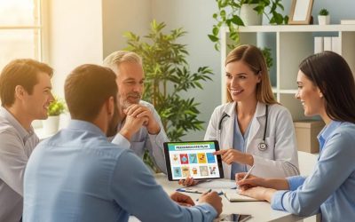 Group consultation for medical weight loss at Ridgeline Medical, featuring a healthcare professional discussing personalized support with patients, showcasing a tablet with health resources.