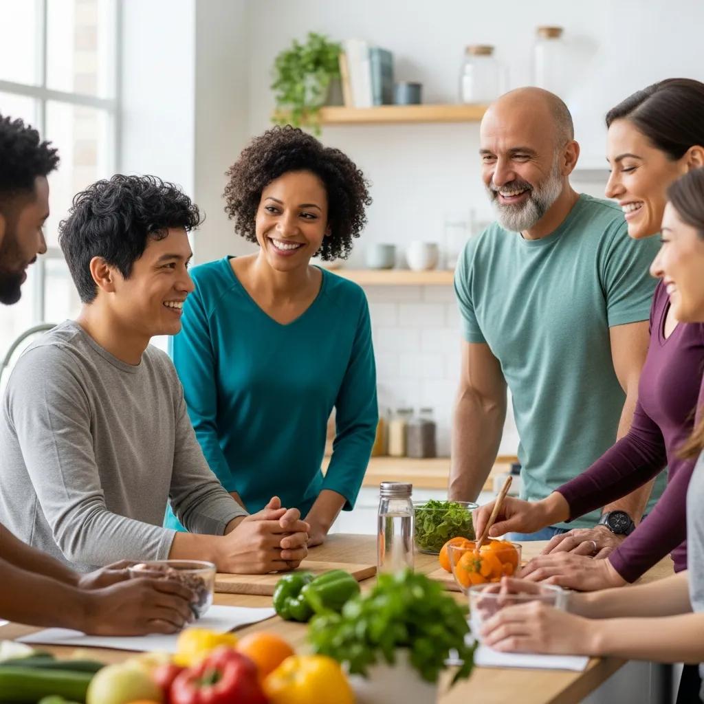 Group nutrition coaching session in a bright kitchen with fresh produce