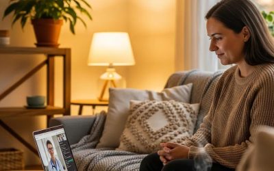 Person engaged in a virtual doctor consultation on a laptop in a cozy home setting, highlighting telehealth services for minor illnesses.