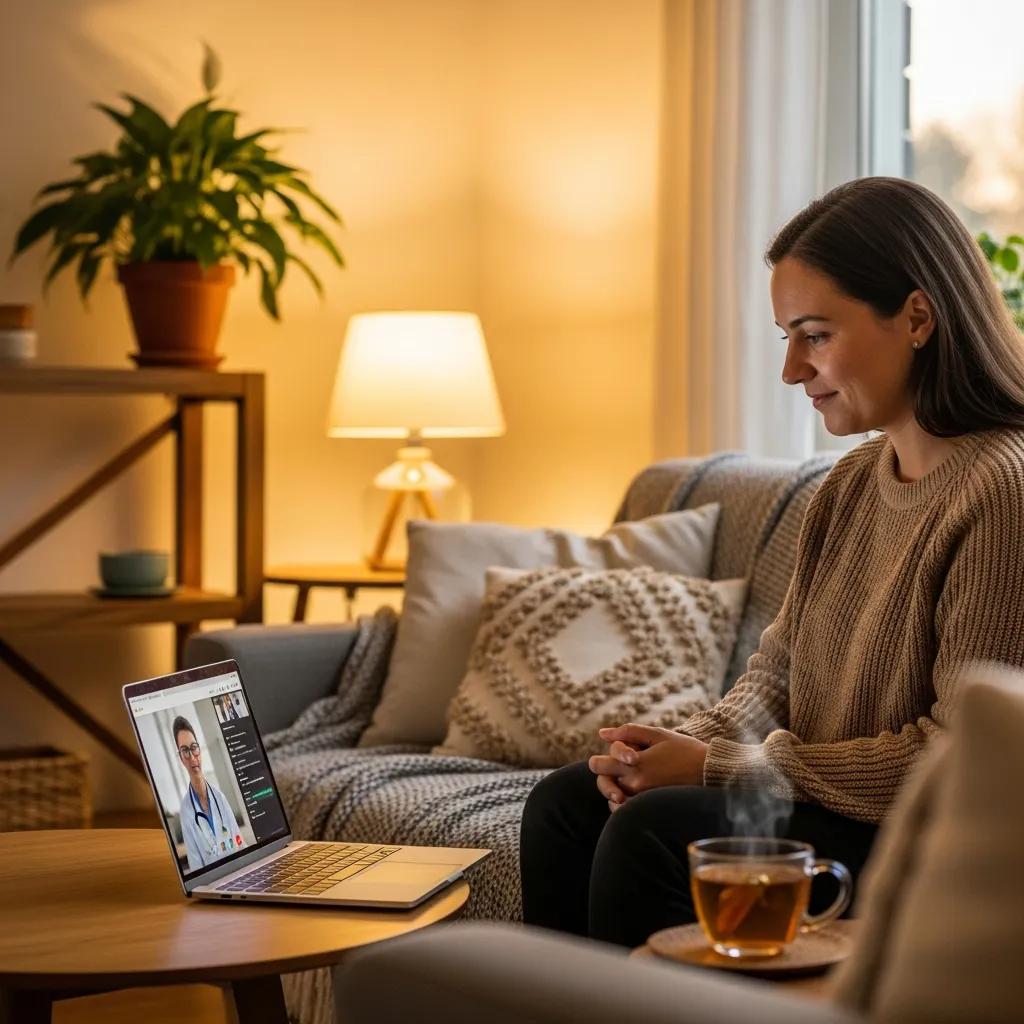 Person using a laptop for a virtual doctor consultation in a cozy home setting