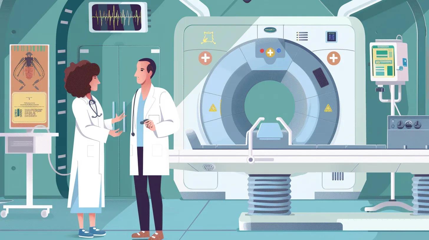 Healthcare provider explaining radiation safety protocols to a patient in a medical imaging setting, emphasizing patient safety measures