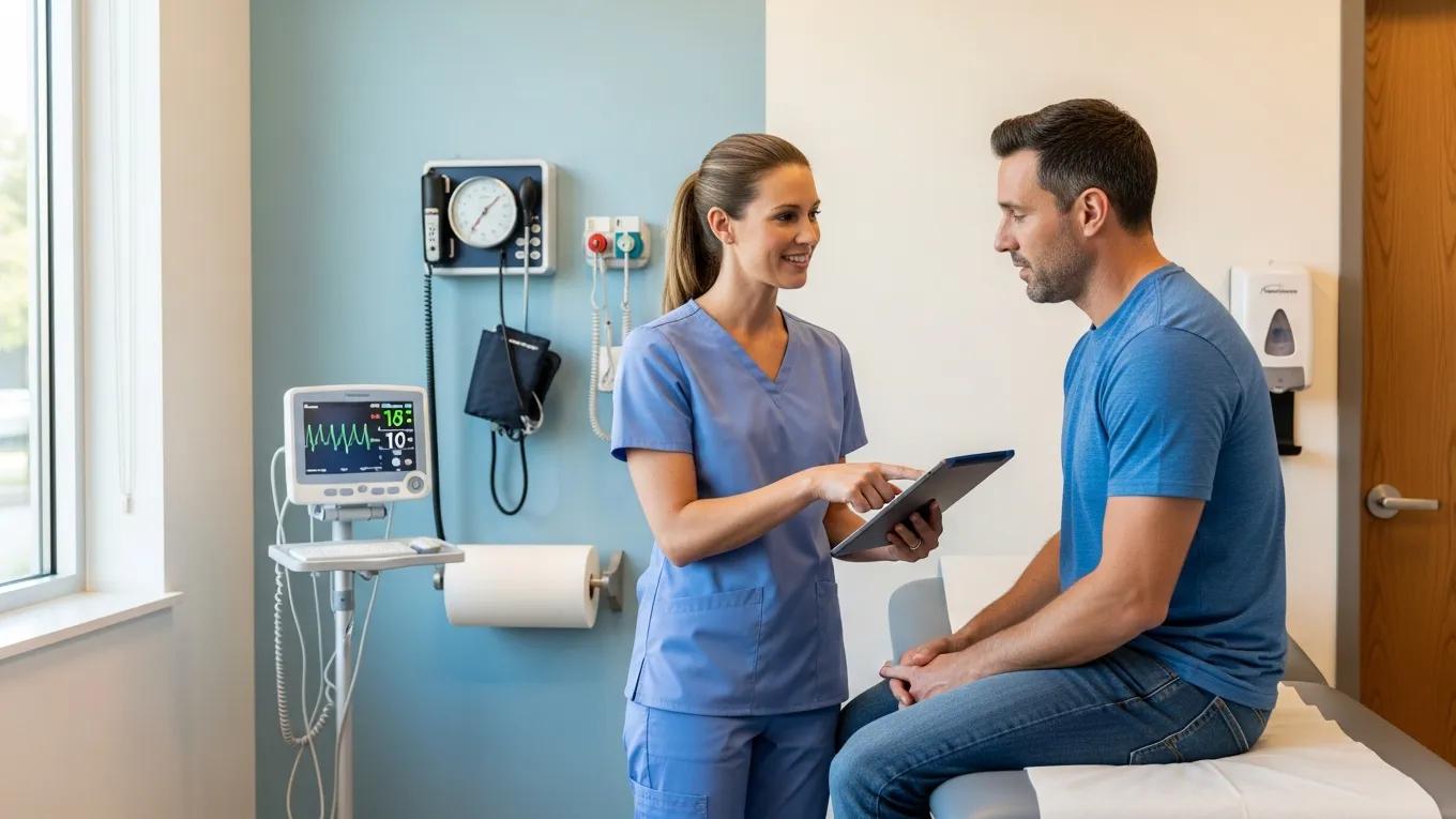 Healthcare professional assisting a patient in an urgent care facility, emphasizing timely medical care